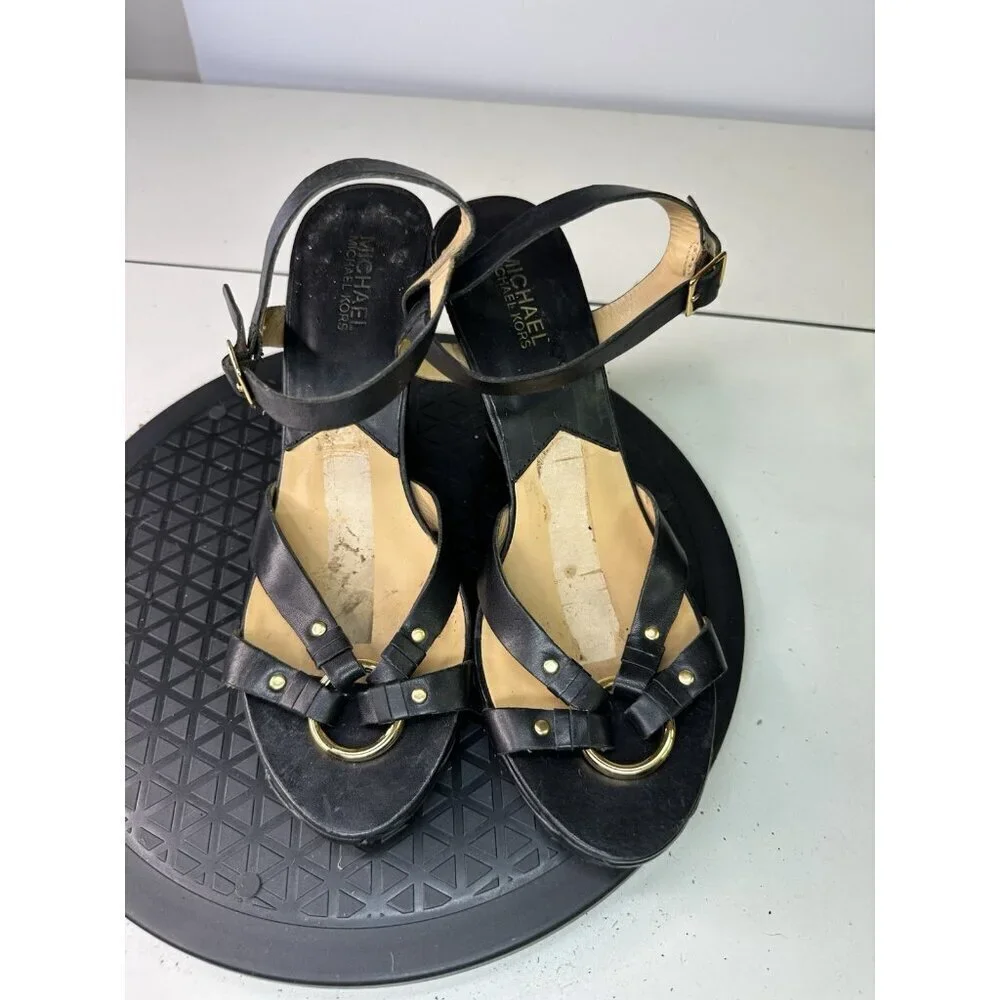 Michael Kors Sandals Black Leather Wedge Sz 8.5
